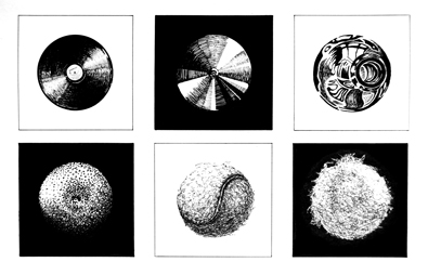 Drawing Exercise from Design Essentials book - draw 6 circular objects with the same drawing implement achieving different textures for each